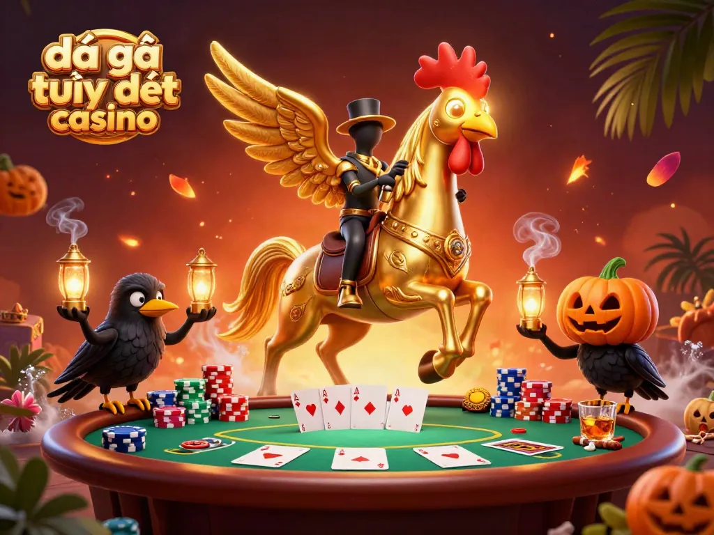 Experience the excitement of đá gà trực tiếp casino with golden roosters and vibrant gambling elements.