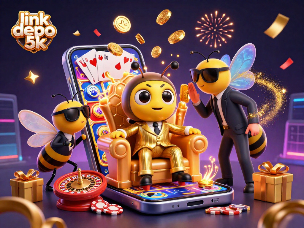 Spin your luck with link depo 5k in this vibrant casino illustration, featuring dynamic slot game elements.