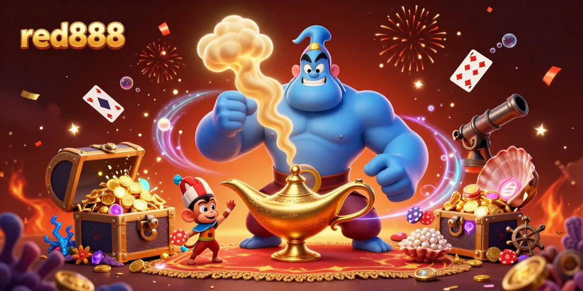 Experience excitement at red888 with a powerful genie, treasure, and poker chips in a dynamic scene.