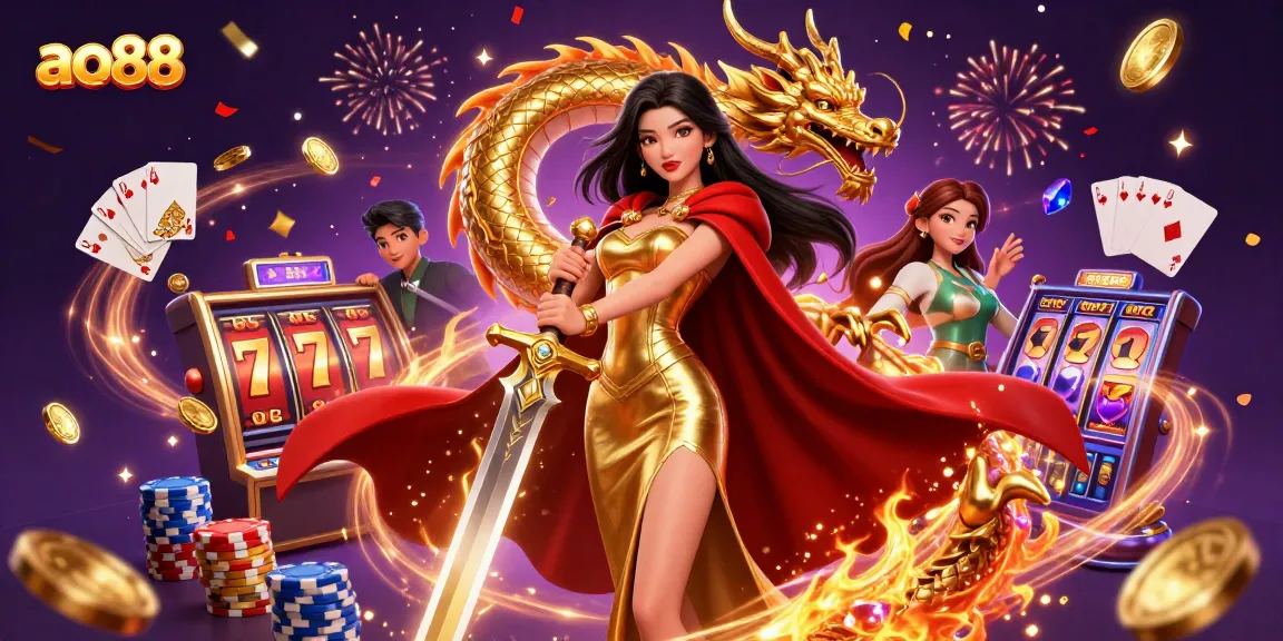 Experience ao88 with a royal queen and dragon, surrounded by slot machines and winning symbols.