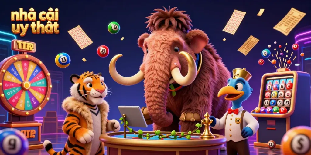 The dynamic scene of nhà cái uy tín showcases a woolly mammoth bouncer, a saber-tooth tiger VIP guest, and a dodo bird doorman amidst colorful lottery elements and casino excitement.