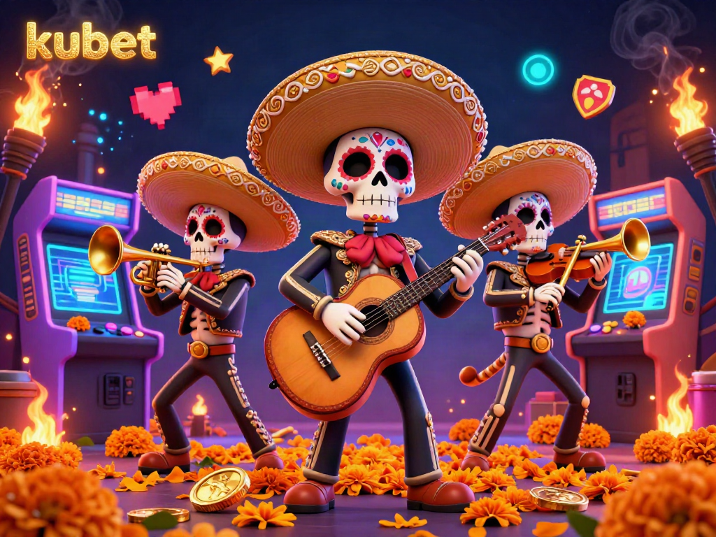 Engage with kubet's vibrant 3D mariachi casino scene filled with arcade games and colorful characters.