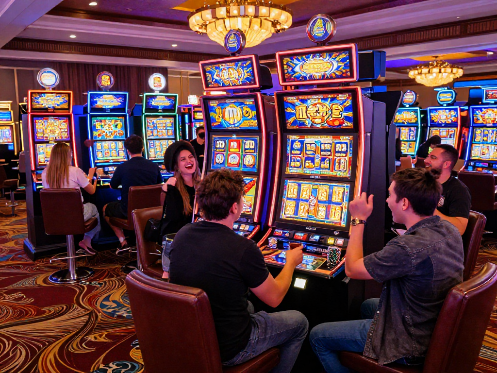 Celebrating friends hitting a slot jackpot in a lively casino environment.