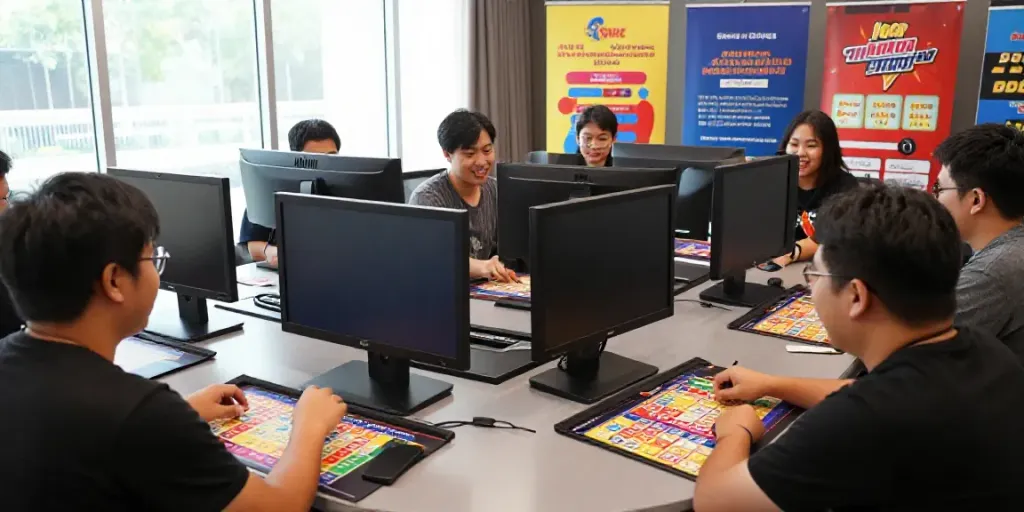 Diverse group enjoying Situs togel online gaming experience, engaging with lottery numbers and devices in a bright social setting.