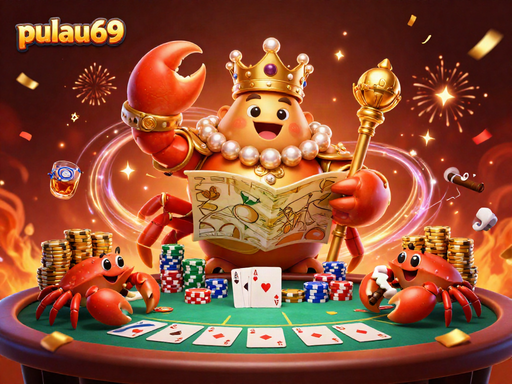 Engage with pulau69's thrilling poker scene featuring a brilliant golden crab emperor and rich casino atmosphere.