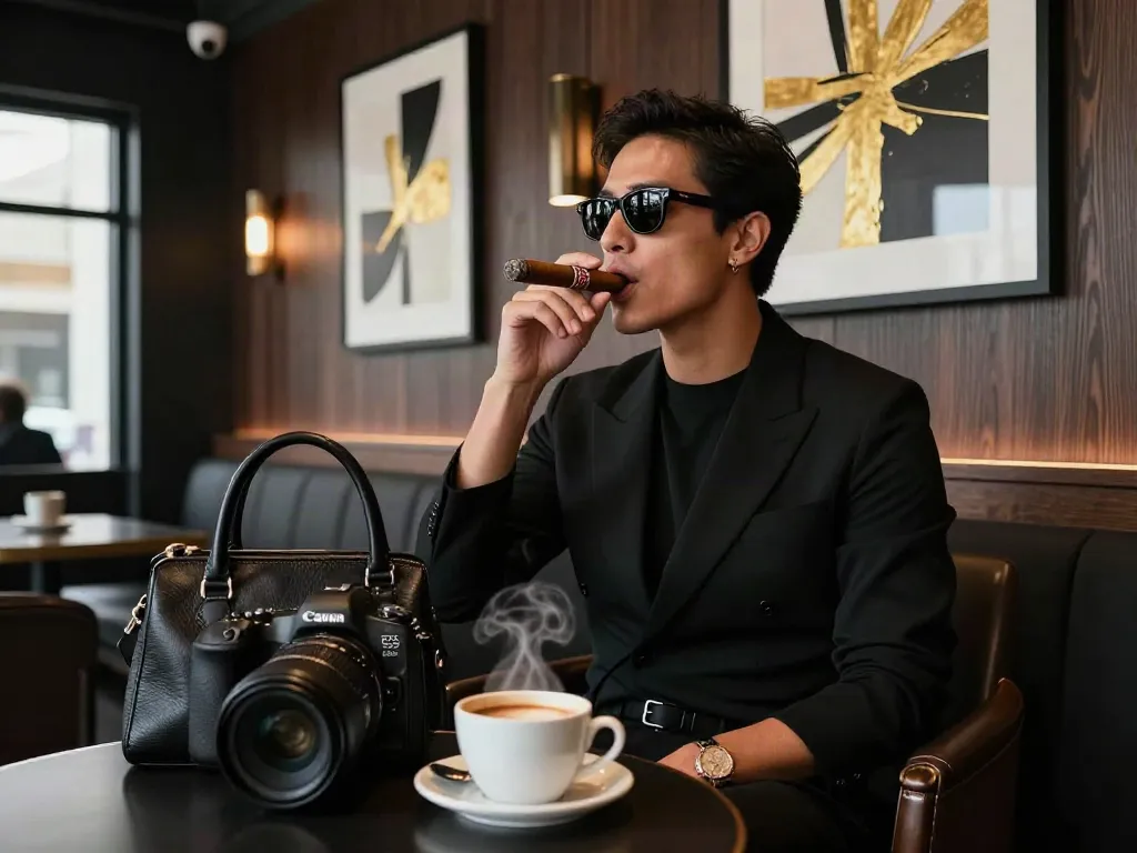 Person enjoying a sleek cigar from rokok88 in a stylish café