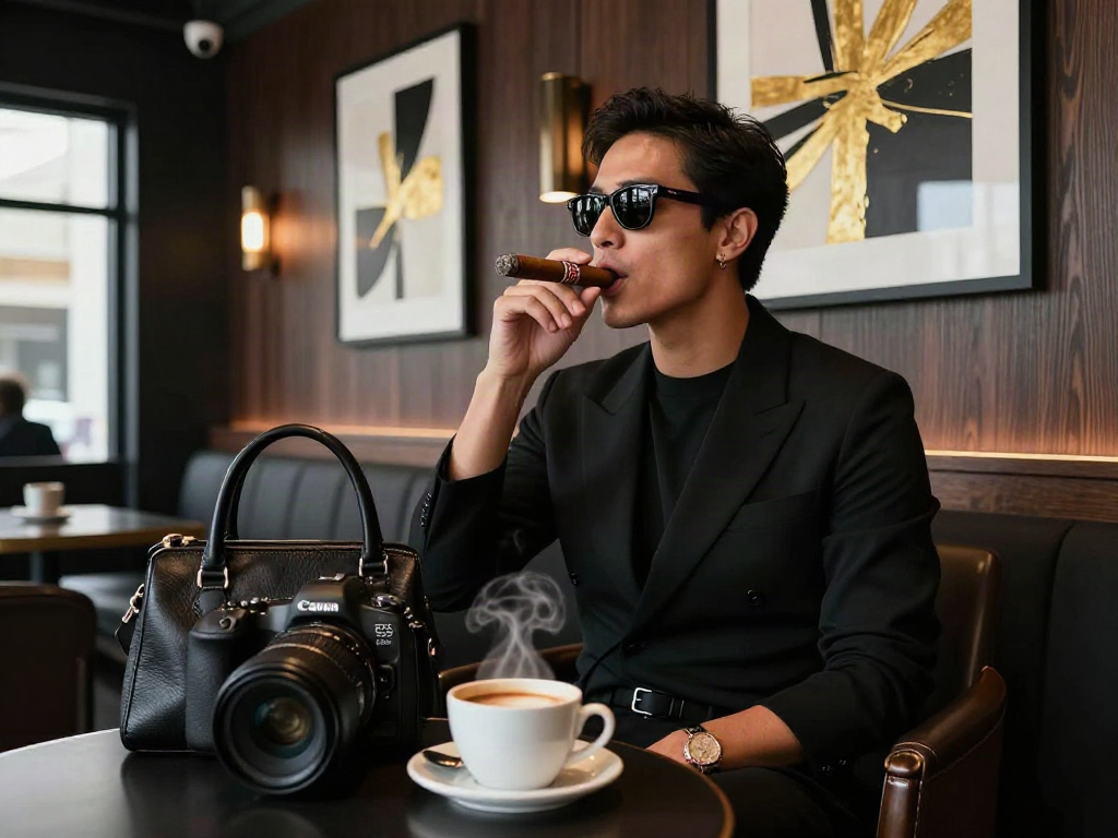 Person enjoying a sleek cigar from rokok88 in a stylish café