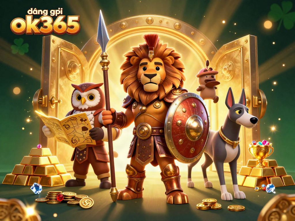 Experience the excitement of đăng ký ok365 celebrating casino wins amidst a vibrant 3D treasure-filled scene.