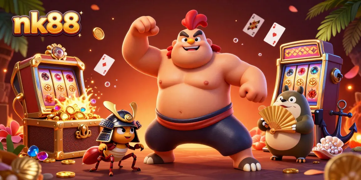 Win big with nk88 at an exhilarating online casino experience featuring a powerful sumo wrestler and samurai cricket.