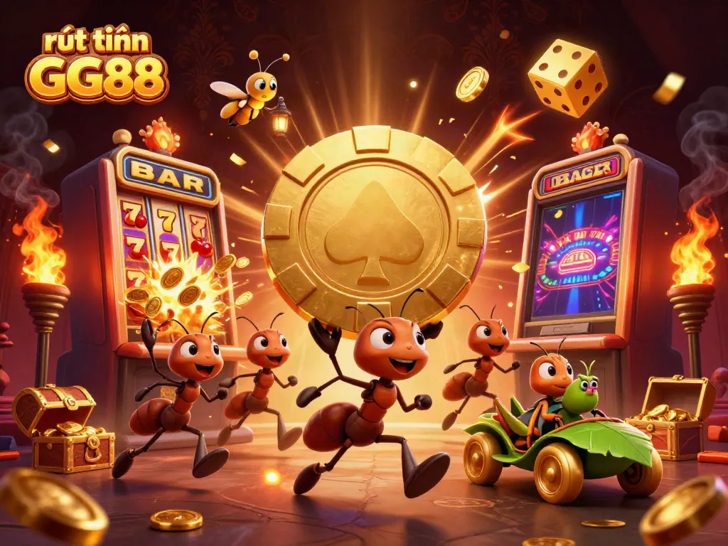 Experience rút tiền GG88 with a dynamic heist scene showcasing ants, casino elements, and vibrant imagery.