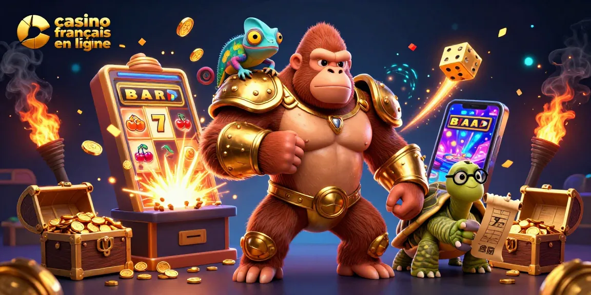 Un gorille puissant en armure d'or et un caméléon complice illustrent le casino français en ligne avec des jackpots éclatants.