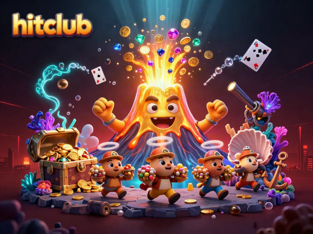 hitclub celebrates winnings with a triumphant golden volcano and treasure-themed creatures