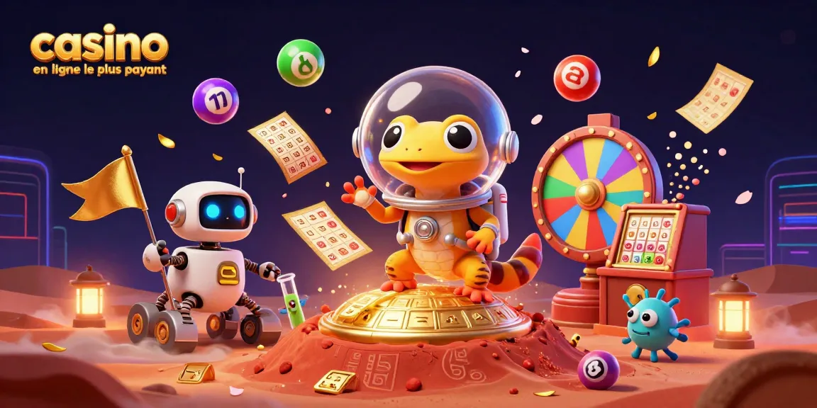 Profitez de l'expérience de jeu au casino en ligne le plus payant avec des éléments de loterie et un gecko martien explorant un casino doré.