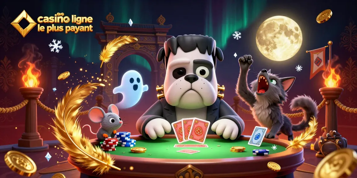 Illustration d'un bulldog Frankenstein et un chaton loup au casino en ligne le plus payant jouant aux cartes avec des jetons.