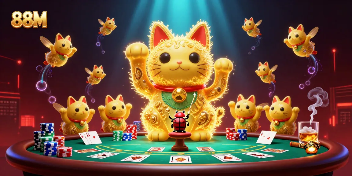 Engage with the 88M casino experience through vibrant poker action and a lucky cat illustration.