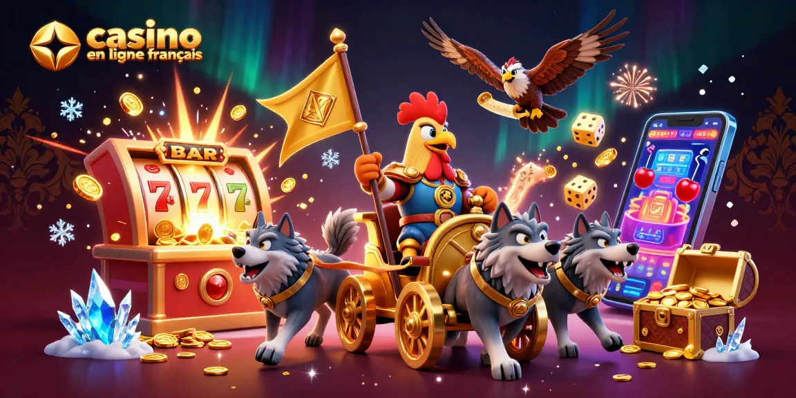 Jouez sur casino en ligne francais avec un coq guerrier, des chariots dorés et des machines à sous colorées.