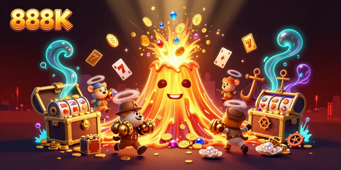 Engage in thrilling gameplay with 888K's vibrant casino scene of treasures and excitement.