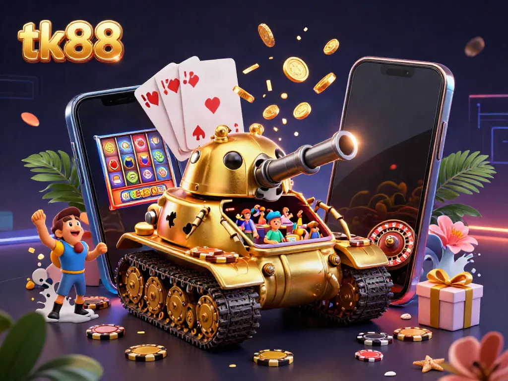 Engage in thrilling gameplay with TK88's vibrant casino-themed illustration.
