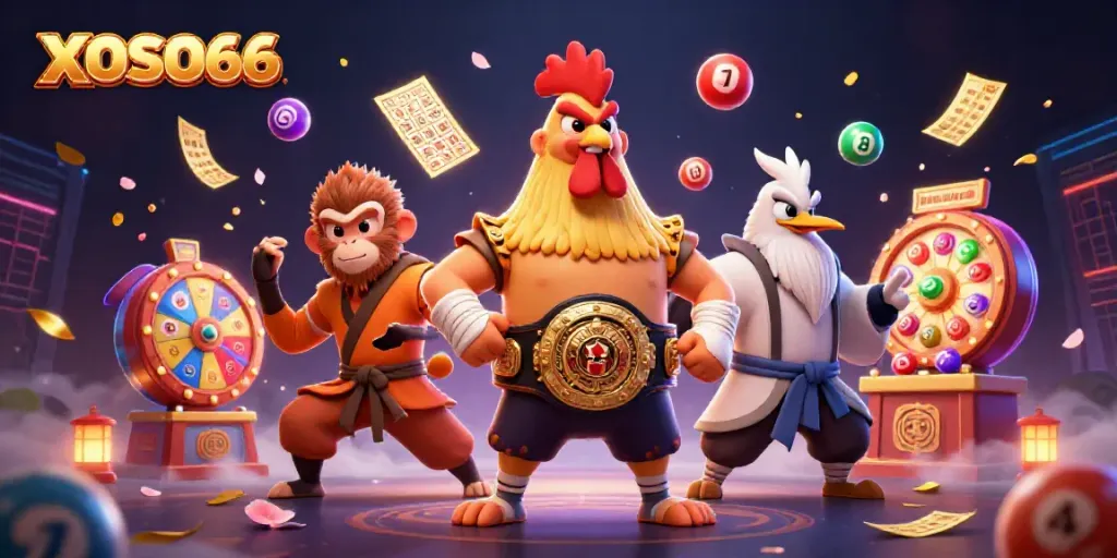 Experience the exhilarating action at XOSO66 with vibrant gambling elements in a dynamic 3D illustration.