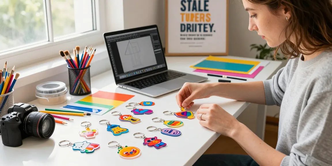 Custom acrylic keychain display in a vibrant workspace, designer arranging colourful keychains with creative tools.