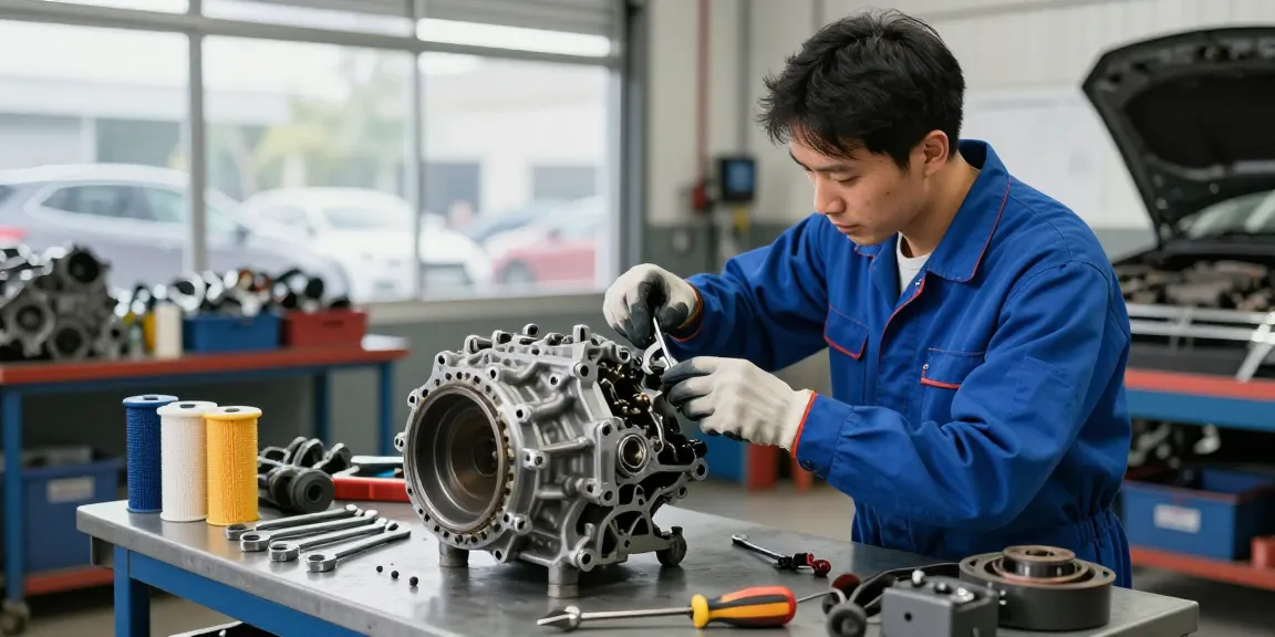 CD009 transmission inspection in a professional automotive workshop with mechanic and tools.