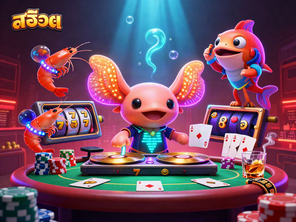 Experience the excitement of สล็อต at an underwater casino with a lively DJ axolotl and vibrant gaming elements.