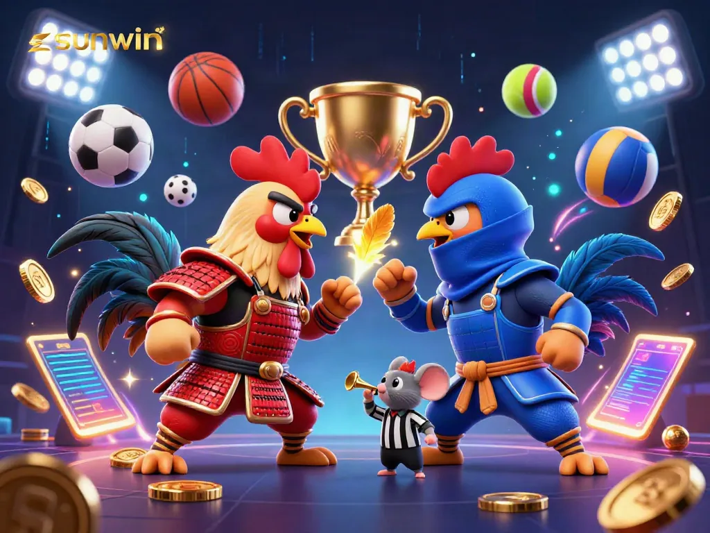 Win big with sunwin: Cartoon roosters in an epic standoff amid vibrant casino elements.
