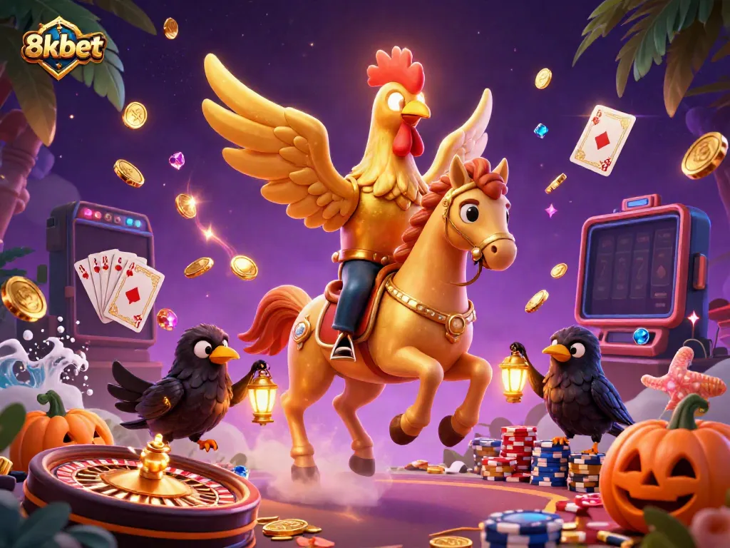 Experience thrilling play with 8xbet’s immersive gaming featuring a golden rooster in a casino.