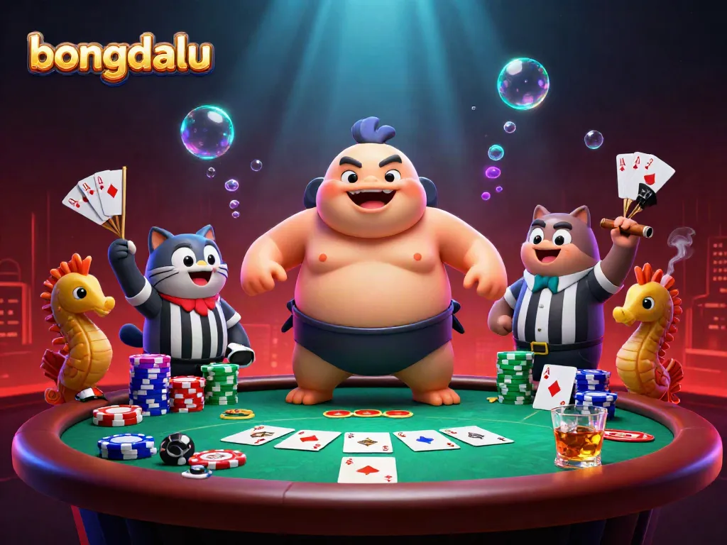 Engage with Bongdalu’s exciting underwater poker scene featuring a fugu sumo wrestler and vibrant characters.