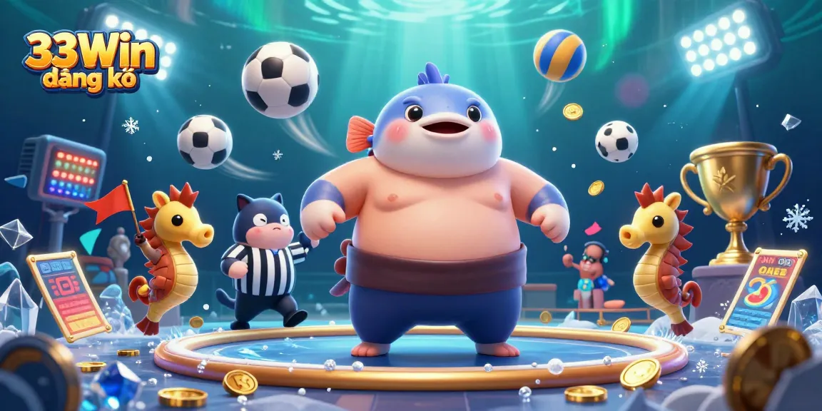 Engage with 33Win đăng ký in a vibrant underwater casino scene featuring the blowfish champion and cheering seahorse fans.