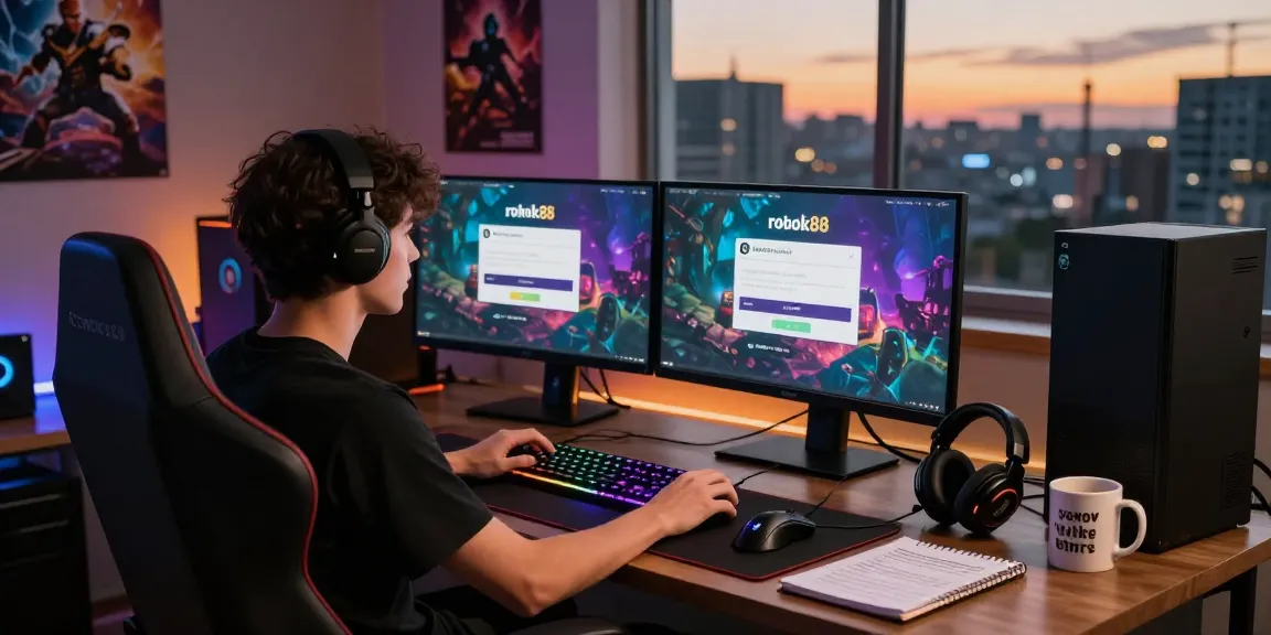 Accessing rokok88 login at a modern gaming setup with vibrant displays and immersive atmosphere.