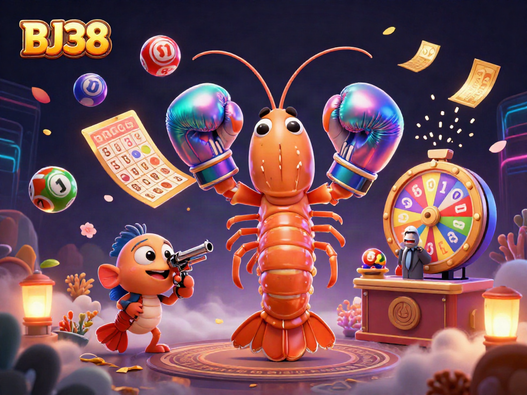 Experience the excitement with BJ38 as lottery balls bounce and prizes swirl in a vibrant casino scene.