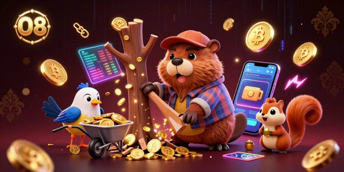 O8 casino-themed illustration featuring a beaver collecting gold coins, ideal for engaging gamblers.