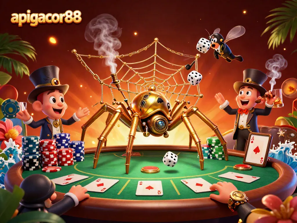 Engage with apigacor88's vibrant casino scene featuring playful steampunk characters and poker elements.