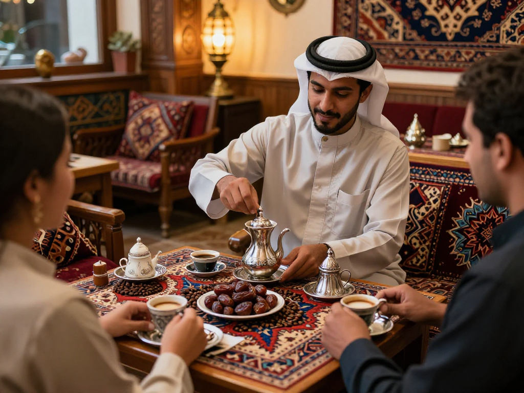 قهوجي يقوم بتحضير القهوة العربية في مقهى تقليدي، يتميز بجو دافئ وزخارف تقليدية.