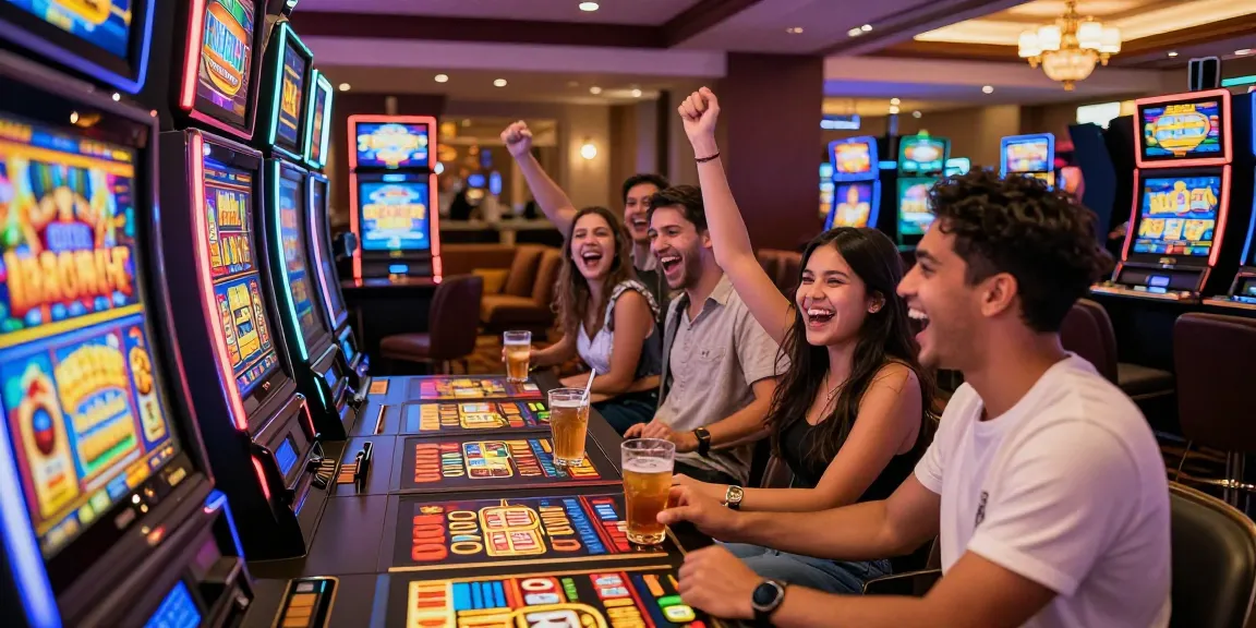 Friends celebrating wins at vibrant slot terpercaya machines in a lively casino.