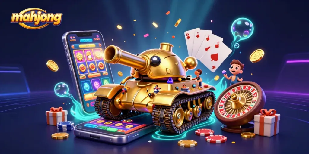 Experience intense mahjong action with a golden beetle tank casino bursting with coins and slot game excitement.