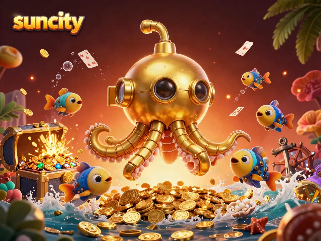 Suncity casino-themed illustration featuring a golden kraken submarine and marine life in a treasure-rich underwater scene.
