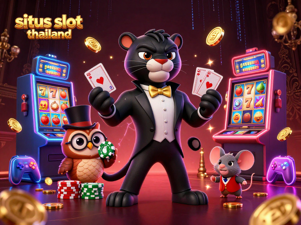 Join the fun at situs slot thailand with a panther dealing cards and an owl holding poker chips in a vibrant casino scene.