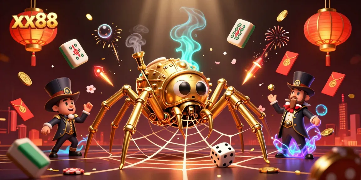 Engage with the thrilling atmosphere of xx88, featuring a golden spider in a web of gaming elements.