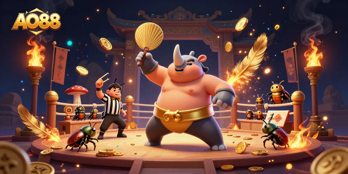 Engage with AO88's thrilling atmosphere as the rhinoceros beetle sumo champion captures the excitement of the gambling arena.