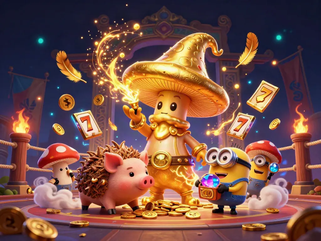 Experience excitement at xx8 nổ hũ with the golden wizard and treasure-finding pig in a vibrant casino illustration
