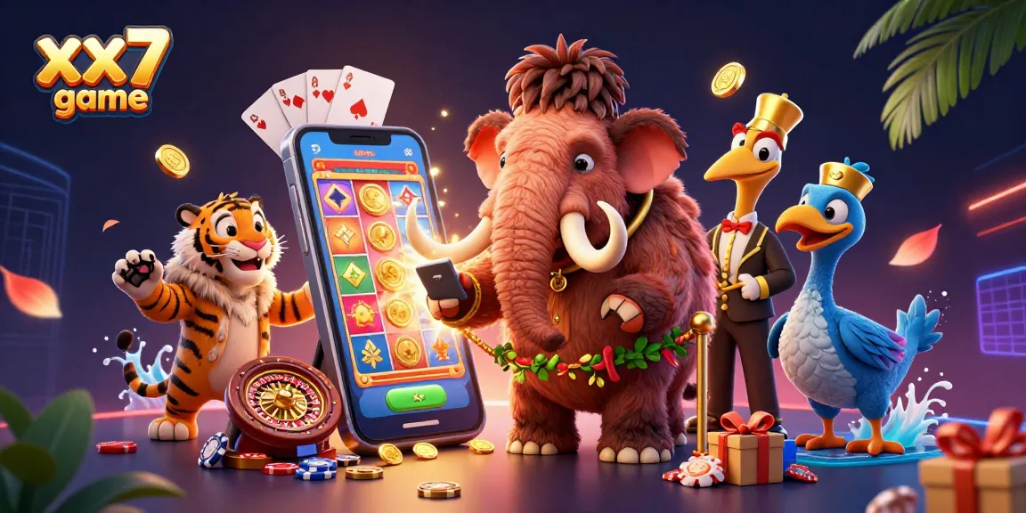 Engaging 3D scene of the xx7 game with a mammoth bouncer and a saber-tooth tiger guest surrounded by dynamic slot gaming elements.