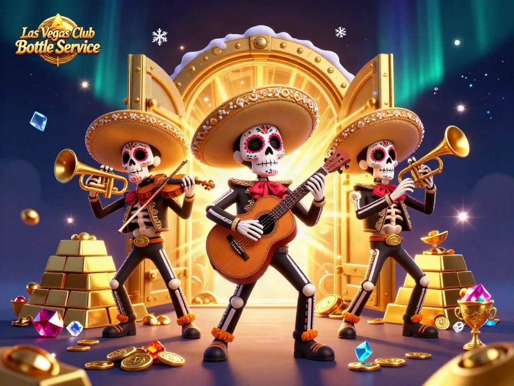 Experience Las Vegas Club Bottle Service with vibrant mariachi characters amidst golden treasures.