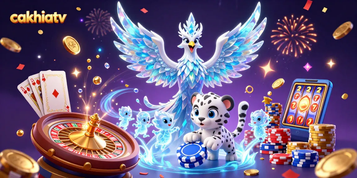 CakhiaTV showcases a vibrant gambling scene featuring an ice phoenix and playful characters amidst flying coins and colorful poker elements.