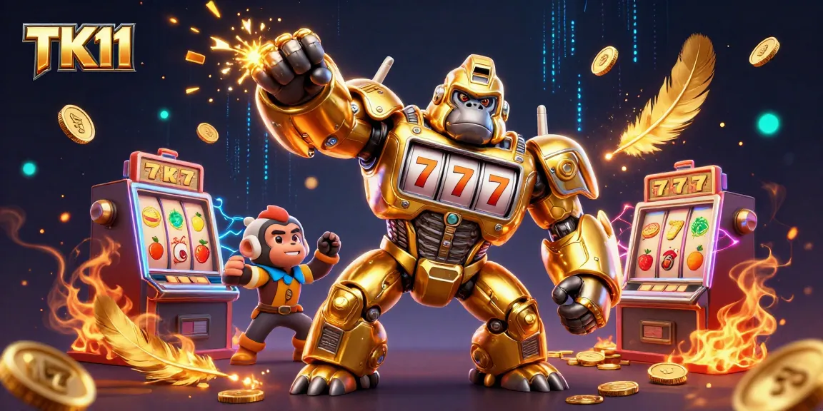 Experience thrilling gameplay with TK11's vibrant 3D illustration featuring a golden gorilla mech surrounded by slot elements.