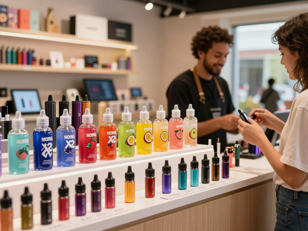 Noms X2 vape juice display in a vibrant vape shop featuring colorful flavors and friendly customer interaction.