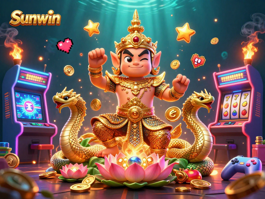 Engage with Sunwin's vibrant casino scene featuring a guardian, Naga serpents, and arcade games.