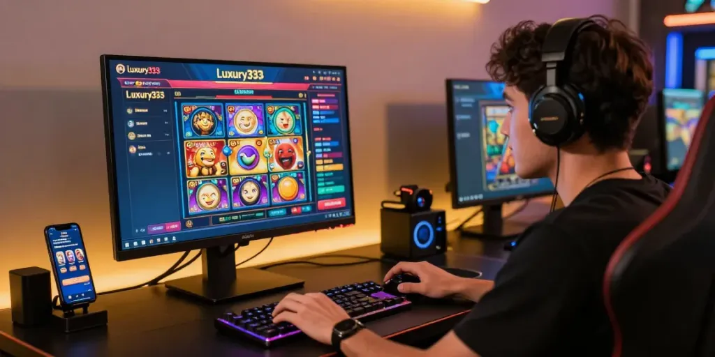 Engaged player enjoying luxury333 online slot game with colorful graphics and modern desktop setup highlighting immersive gaming experience.
