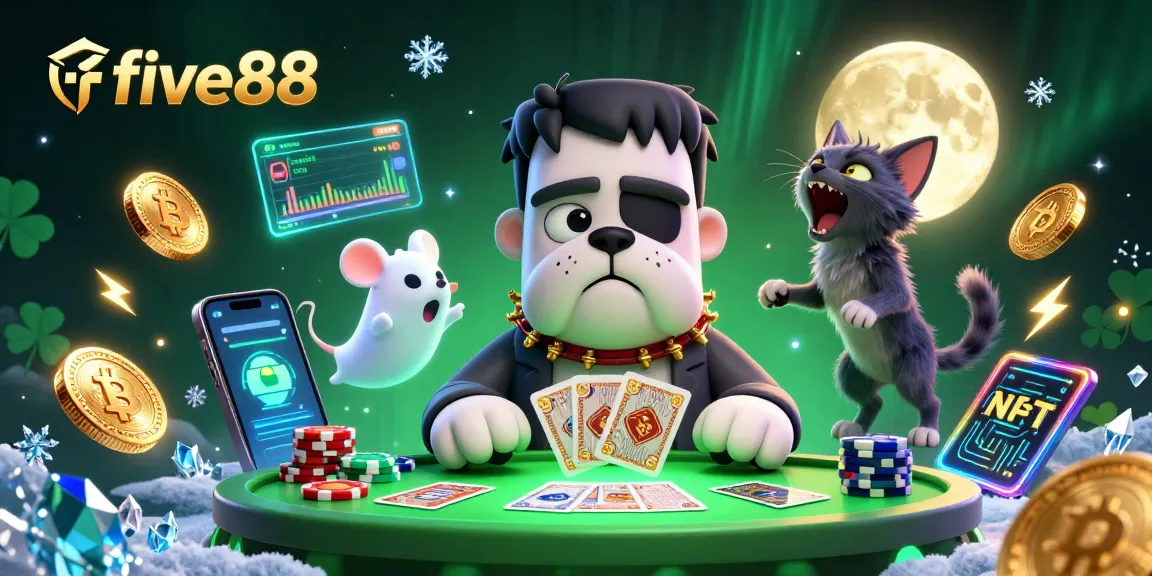 Engage in thrilling games at five88 with a vibrant casino scene featuring dynamic characters and crypto elements.